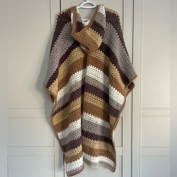Hand Crochet Striped Cottagecore Boho Folk Hooded Poncho - Picture 3 of 9